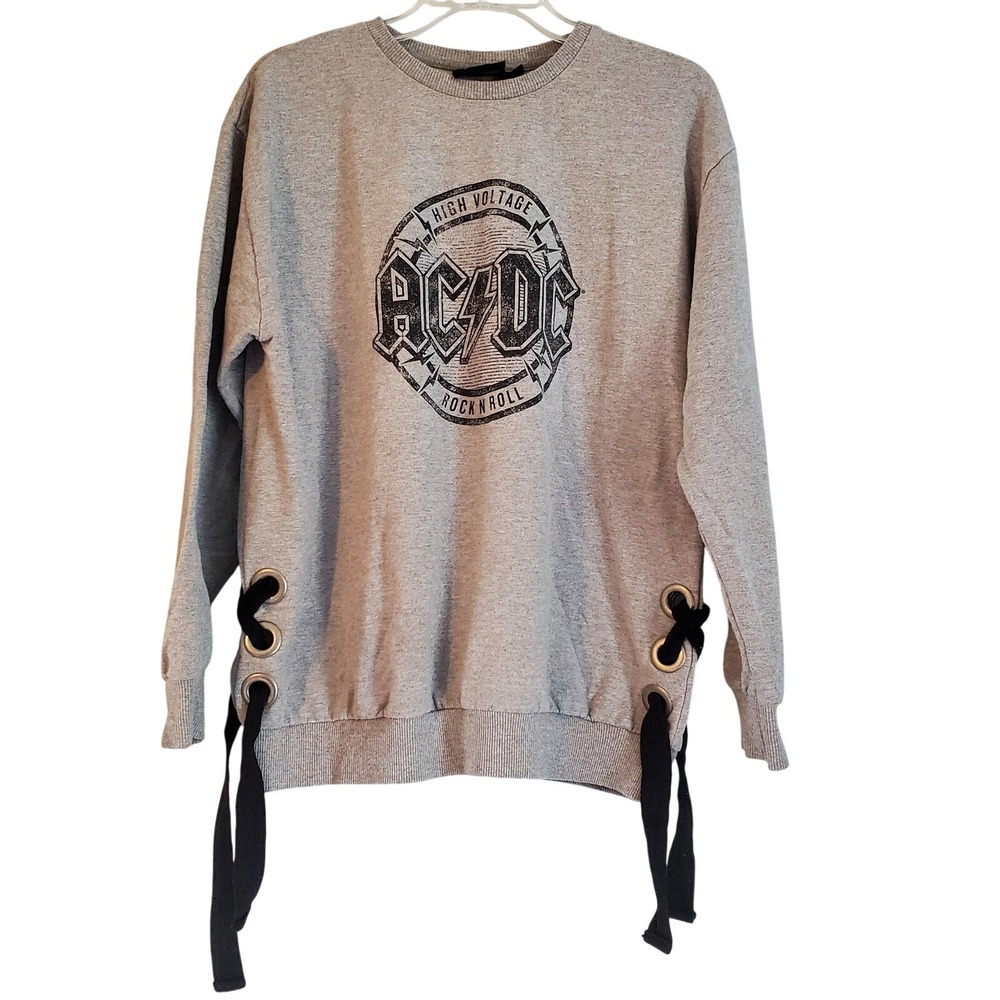 AC DC Sweatshirt Womens 8 Gray High Voltage Rock N Roll Side Lace‎ Pullover